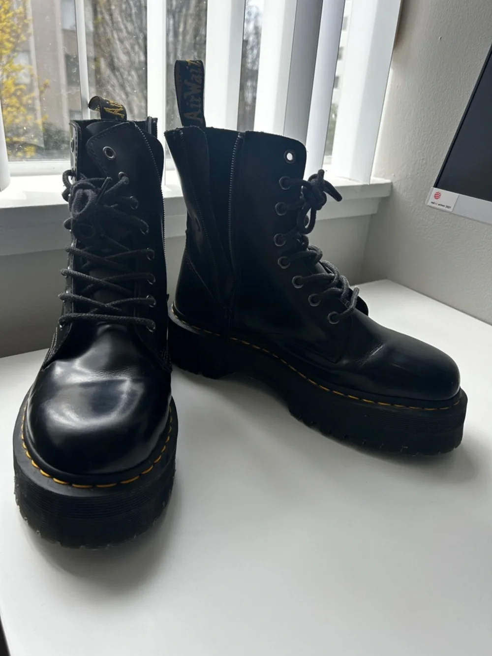 Dr. Martens Black Platform Lace-Up Boots with Yellow Stitching - Picture 2 of 7